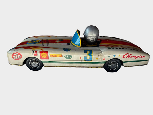 Large Vintage Japanese Tin Racing Car with Driver Showa Era Champion Speed Toy