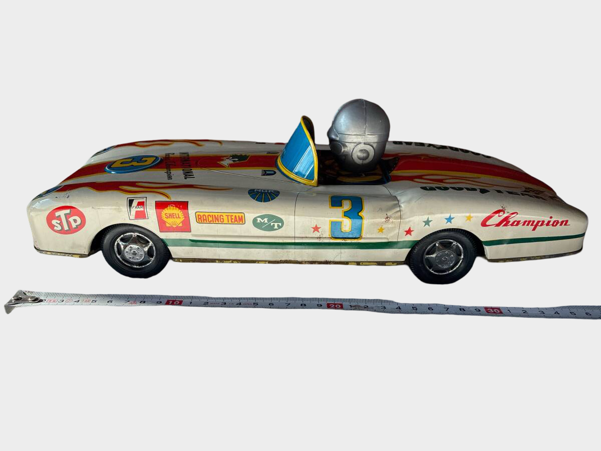 Large Vintage Japanese Tin Racing Car with Driver Showa Era Champion Speed Toy
