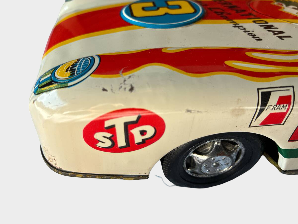 Large Vintage Japanese Tin Racing Car with Driver Showa Era Champion Speed Toy