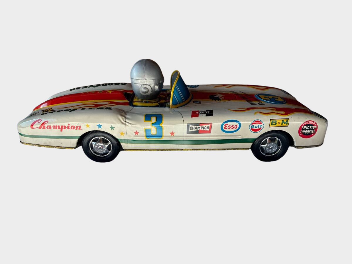 Large Vintage Japanese Tin Racing Car with Driver Showa Era Champion Speed Toy