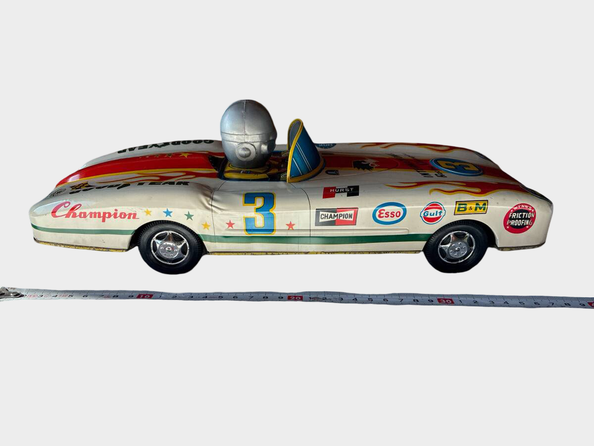 Large Vintage Japanese Tin Racing Car with Driver Showa Era Champion Speed Toy