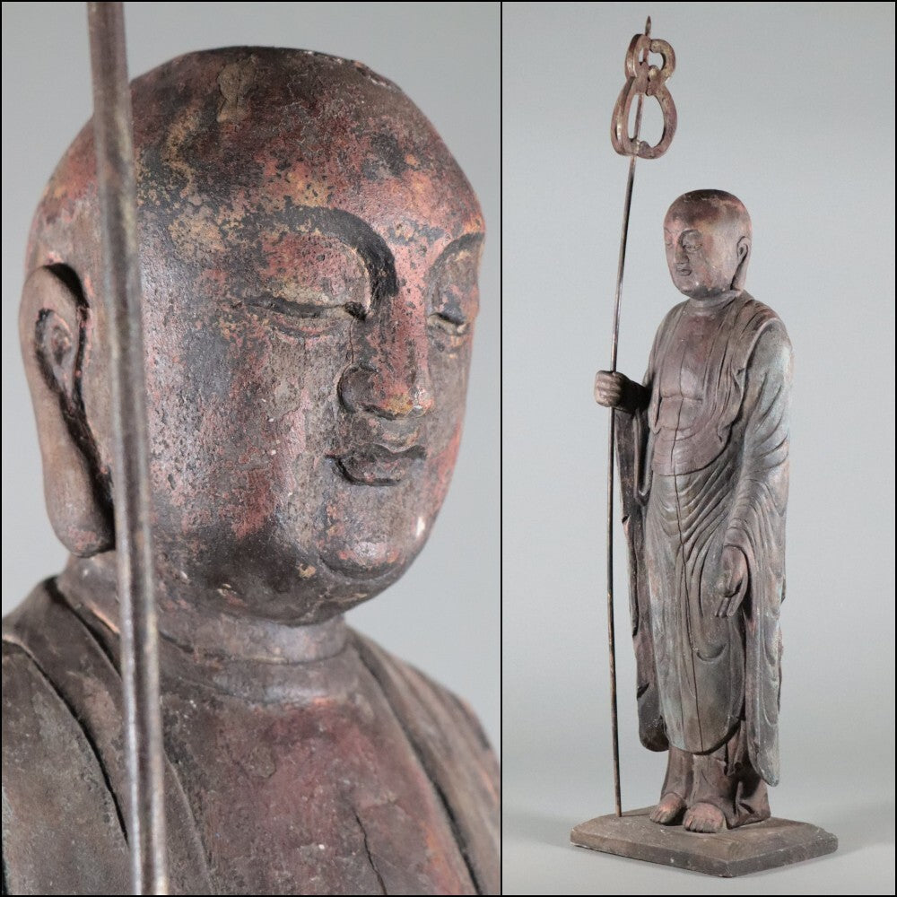 Large Wooden Jizo Bosatsu Sculpture — Edo Period Buddhist Art | Standing Guardian of Children & Travelers | 70cm
