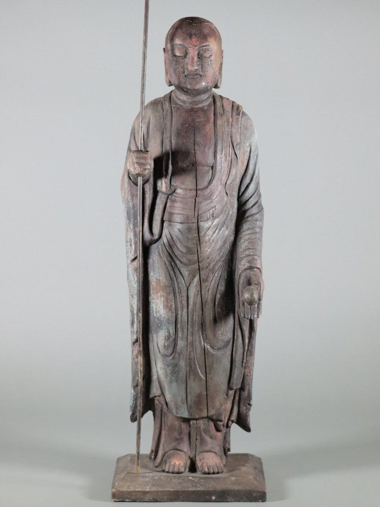 Large Wooden Jizo Bosatsu Sculpture — Edo Period Buddhist Art | Standing Guardian of Children & Travelers | 70cm
