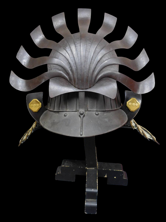 Late Edo-Period Suji Kabuto Samurai Helmet — 32-Ken Ribbed Iron Bowl with Kawari Sunburst Maedate (Collector-Safe)