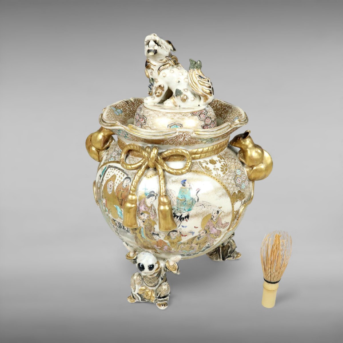 Late Edo–Meiji Satsuma Ware Incense Burner — Gilt Export Koro with Figural Panels