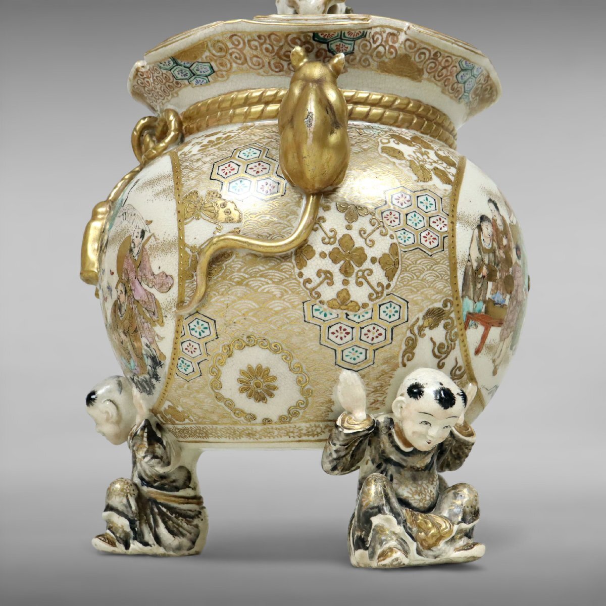 Late Edo–Meiji Satsuma Ware Incense Burner — Gilt Export Koro with Figural Panels