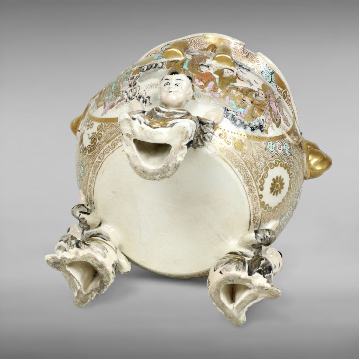 Late Edo–Meiji Satsuma Ware Incense Burner — Gilt Export Koro with Figural Panels