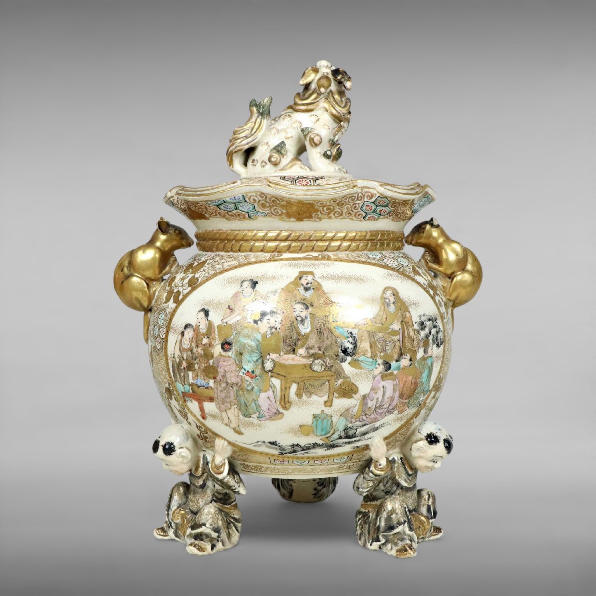 Late Edo–Meiji Satsuma Ware Incense Burner — Gilt Export Koro with Figural Panels