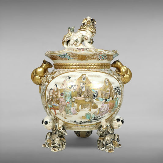 Late Edo–Meiji Satsuma Ware Incense Burner — Gilt Export Koro with Figural Panels