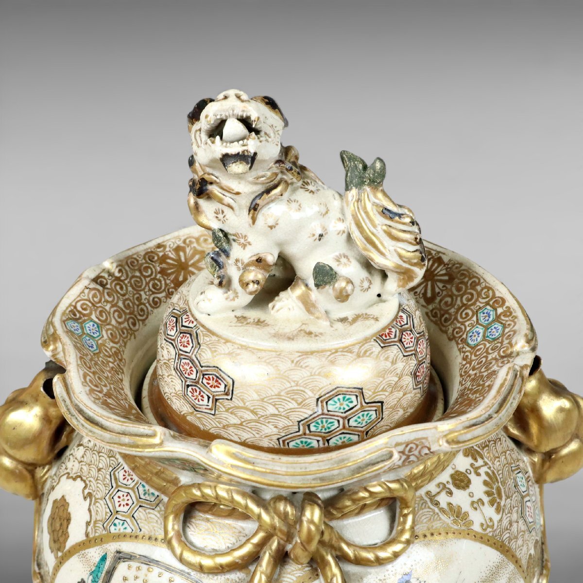 Late Edo–Meiji Satsuma Ware Incense Burner — Gilt Export Koro with Figural Panels