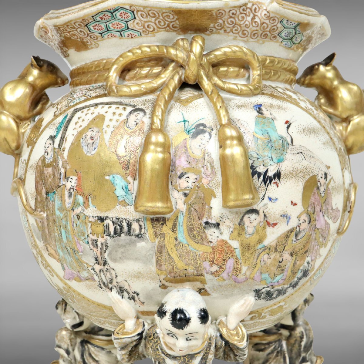 Late Edo–Meiji Satsuma Ware Incense Burner — Gilt Export Koro with Figural Panels