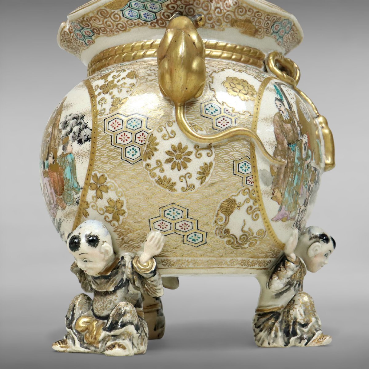 Late Edo–Meiji Satsuma Ware Incense Burner — Gilt Export Koro with Figural Panels