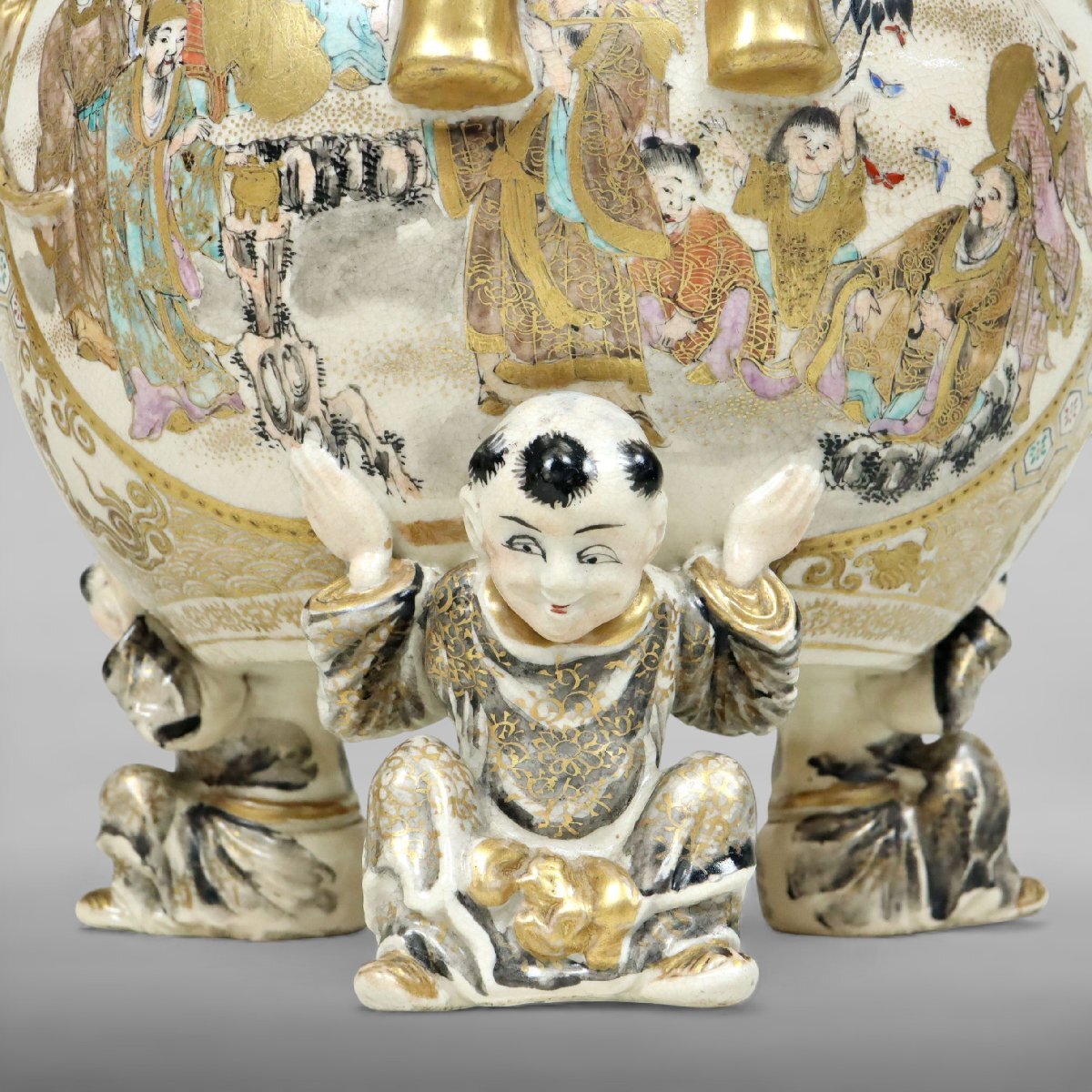 Late Edo–Meiji Satsuma Ware Incense Burner — Gilt Export Koro with Figural Panels