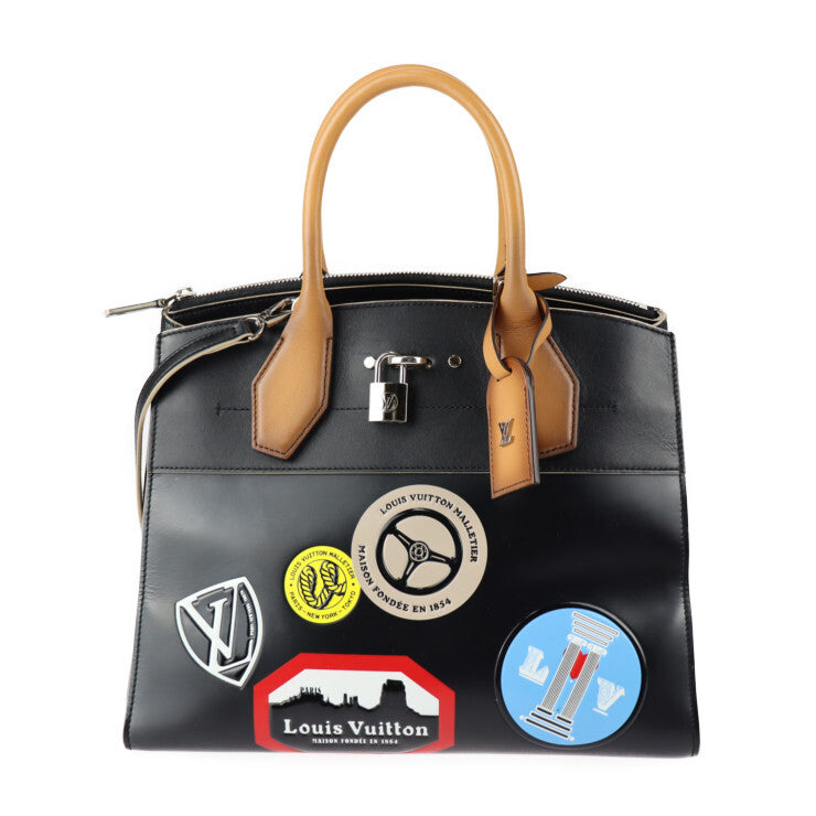 Louis Vuitton City Steamer MM M43080 – Black Leather 2WAY Tote + Multicolor Patches – Silver Hardware – AB Rank Authentic LV Handbag