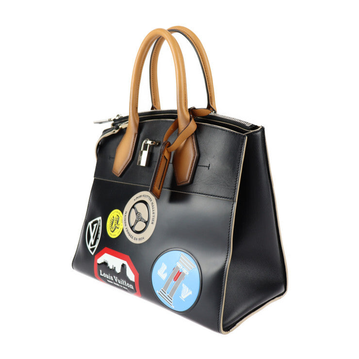Louis Vuitton City Steamer MM M43080 – Black Leather 2WAY Tote + Multicolor Patches – Silver Hardware – AB Rank Authentic LV Handbag