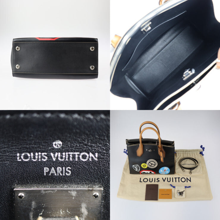 Louis Vuitton City Steamer MM M43080 – Black Leather 2WAY Tote + Multicolor Patches – Silver Hardware – AB Rank Authentic LV Handbag
