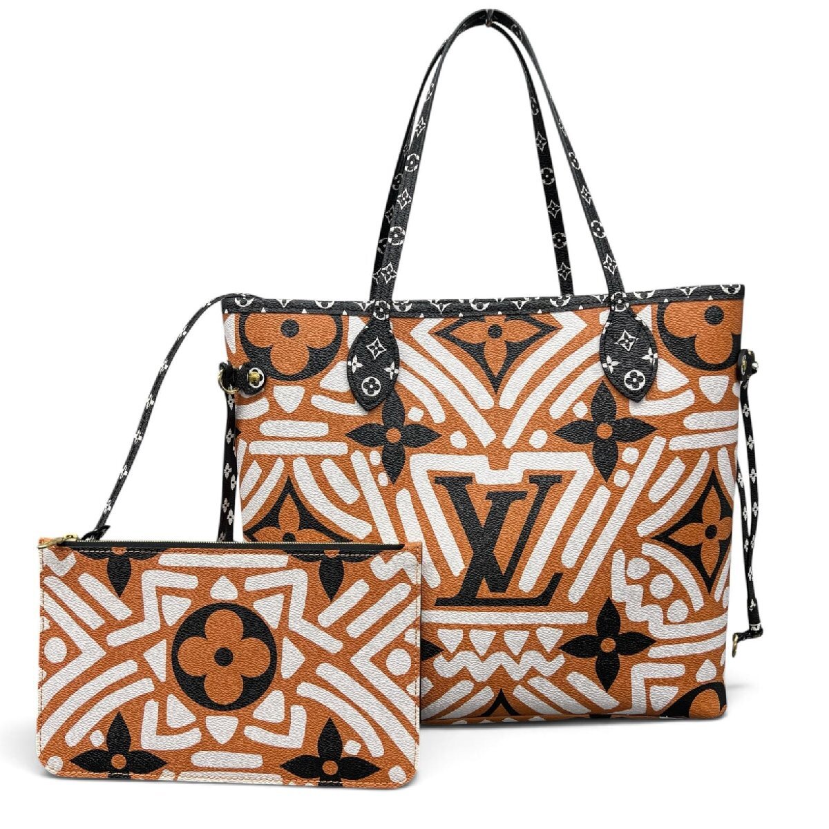 Louis Vuitton LV Crafty Neverfull MM M56584 Monogram Giant Cream Caramel White Tote with Pouch