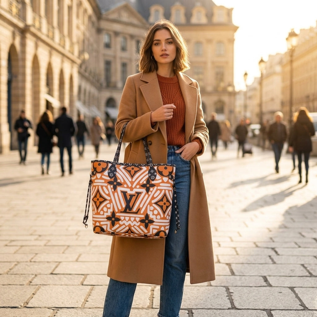 Louis Vuitton LV Crafty Neverfull MM M56584 Monogram Giant Cream Caramel White Tote with Pouch