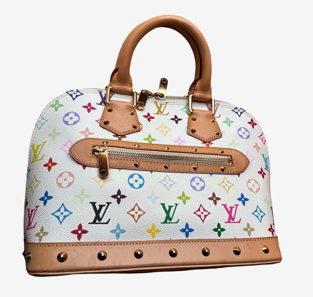 Louis Vuitton Murakami Alma Multicolor White Monogram Handbag Gold Hardware Rare Icon Bag with Box Dustbag