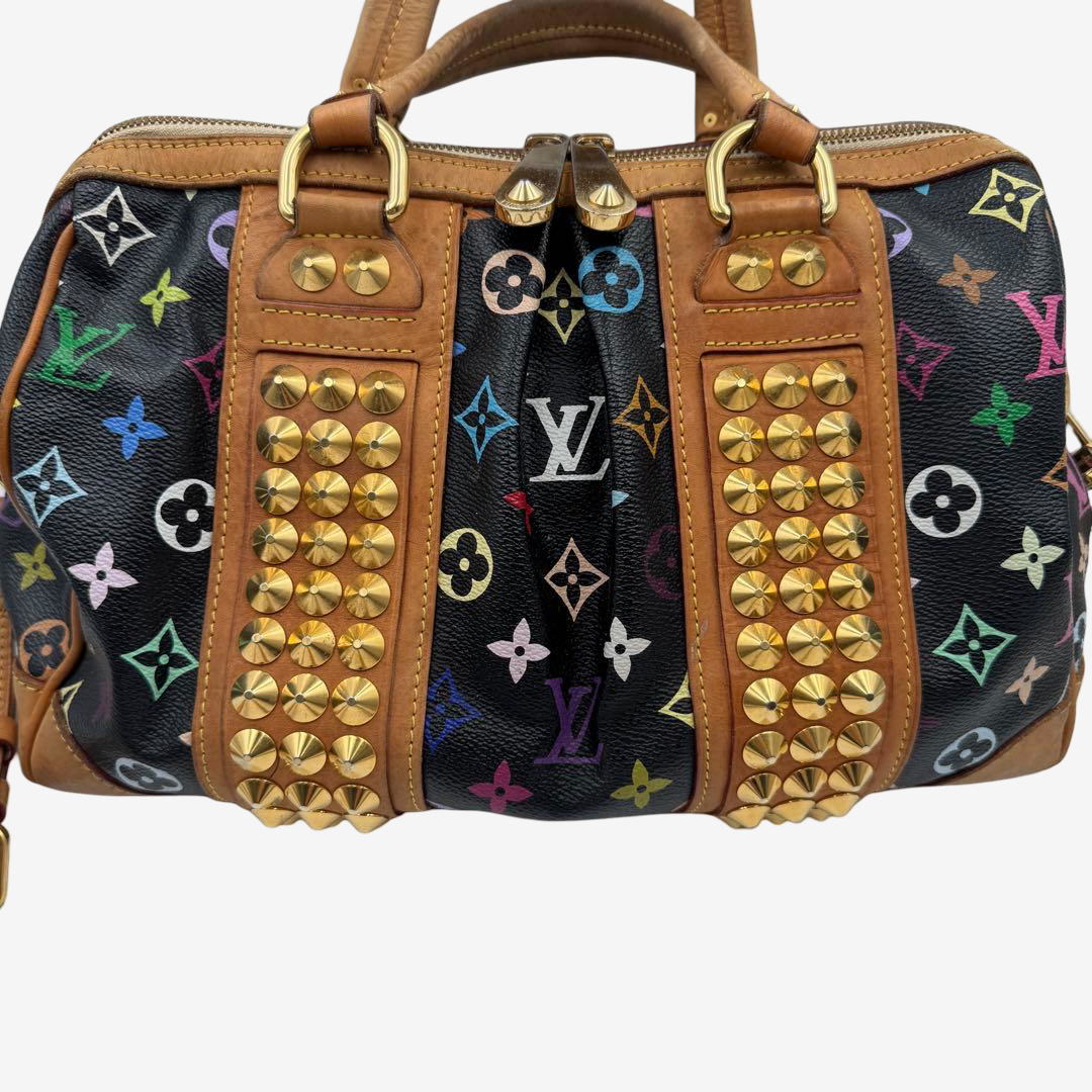 Louis Vuitton x Takashi Murakami Courtney MM Studded Multicolor Black Bag Rare