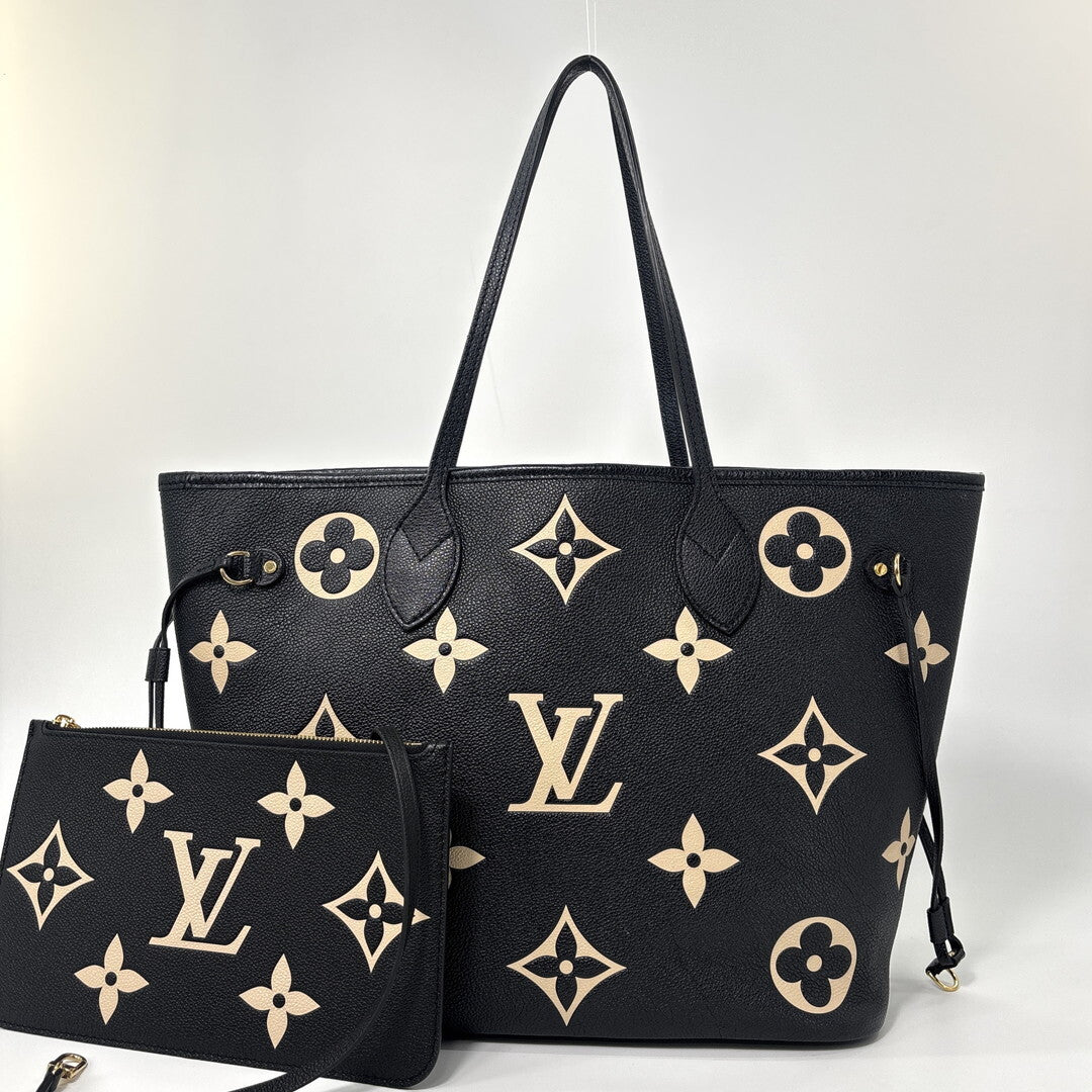 Louis Vuitton Neverfull MM M58907 Bicolor Monogram Empreinte Black Beige Leather Tote with Pouch
