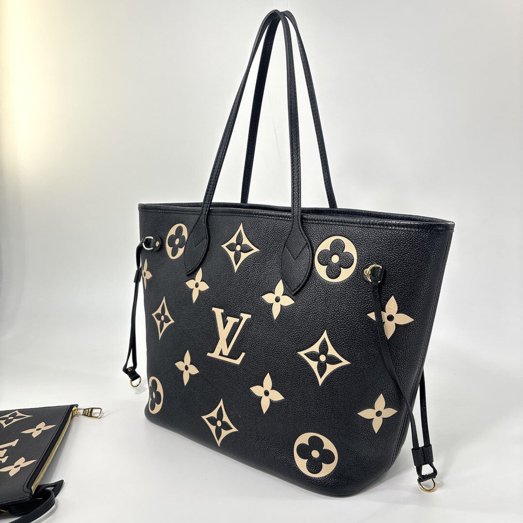 Louis Vuitton Neverfull MM M58907 Bicolor Monogram Empreinte Black Beige Leather Tote with Pouch