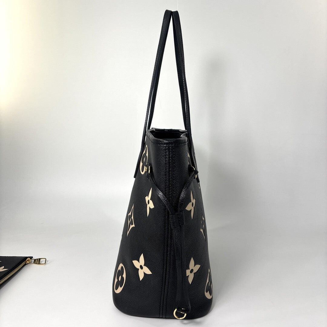 Louis Vuitton Neverfull MM M58907 Bicolor Monogram Empreinte Black Beige Leather Tote with Pouch