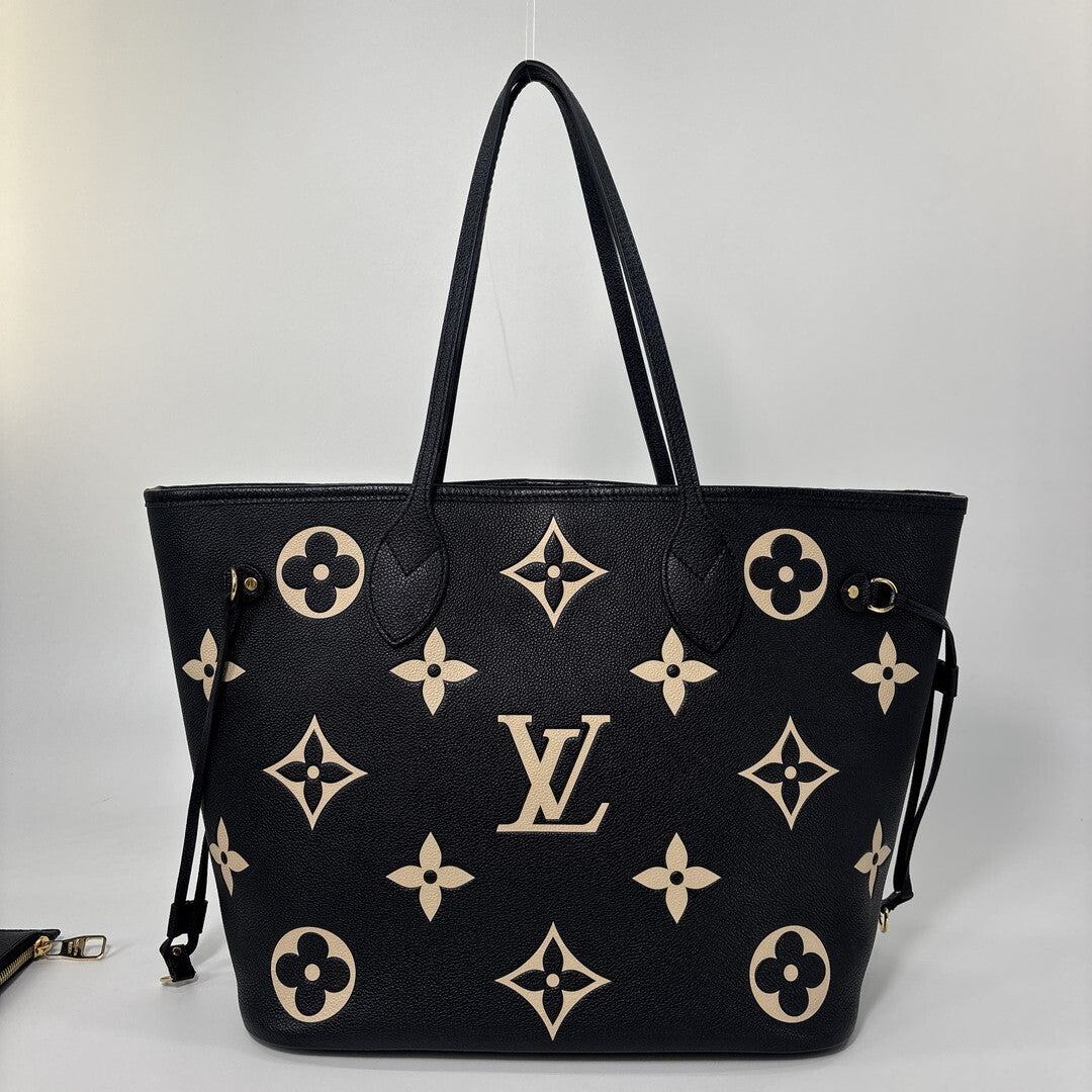 Louis Vuitton Neverfull MM M58907 Bicolor Monogram Empreinte Black Beige Leather Tote with Pouch