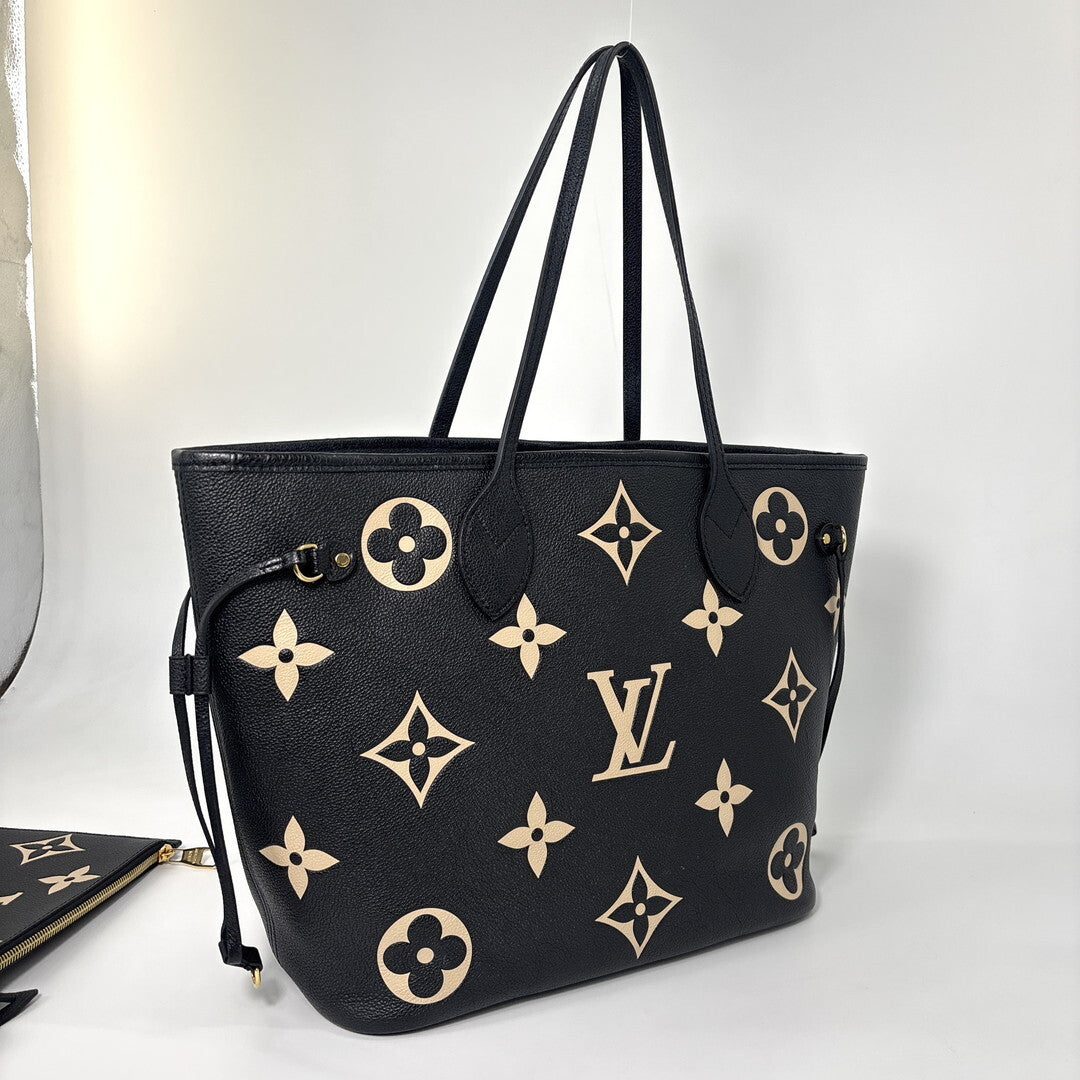 Louis Vuitton Neverfull MM M58907 Bicolor Monogram Empreinte Black Beige Leather Tote with Pouch