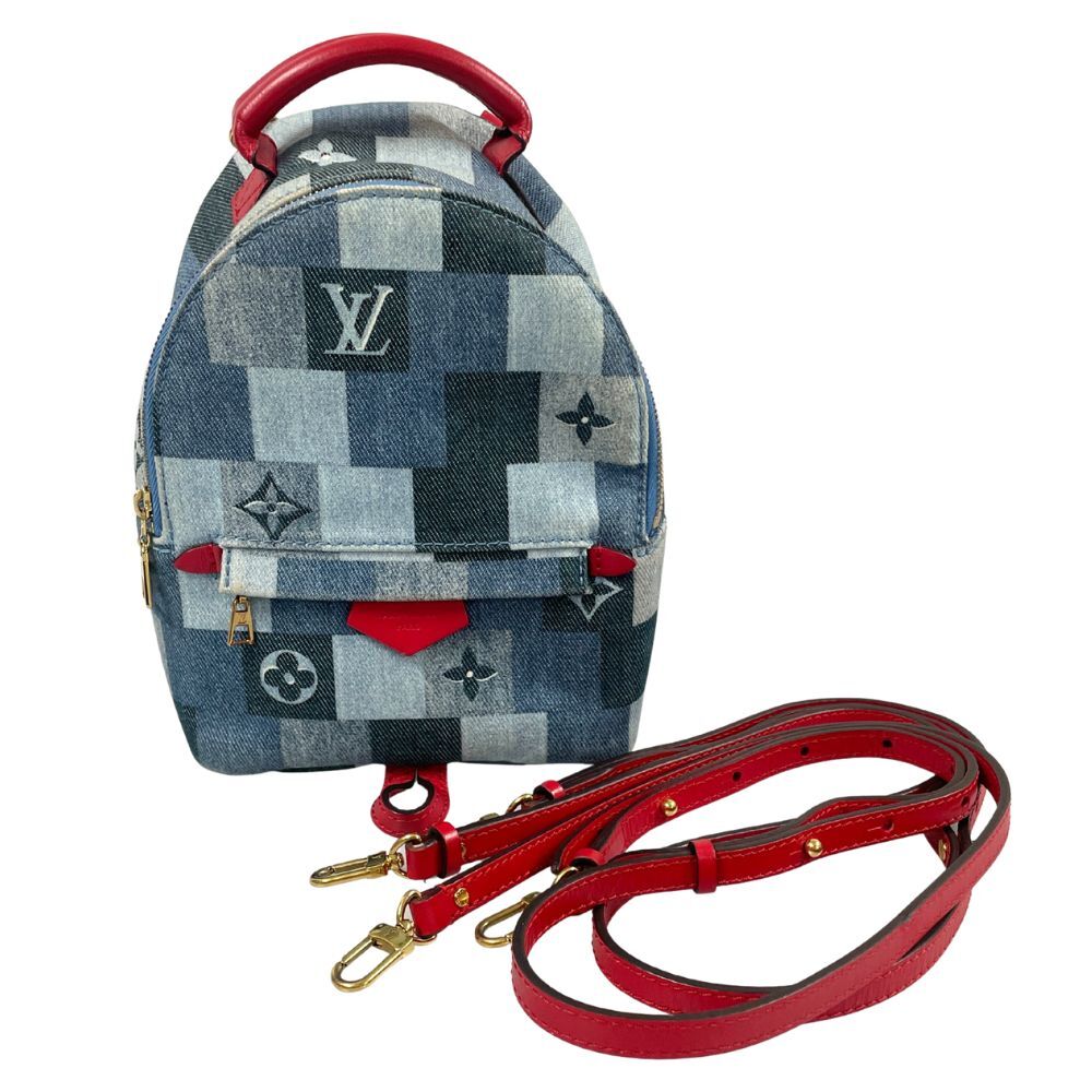 Louis Vuitton Palm Springs Mini M45043 Monogram Denim Patchwork Backpack Blue Red