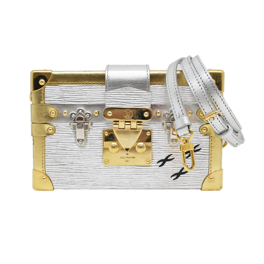 Louis Vuitton Petite Malle Shoulder Bag M54652 – Metallic Silver Épi Leather · Gold Hardware Accents · Italy-Made Mini Trunk Icon · AB Rank