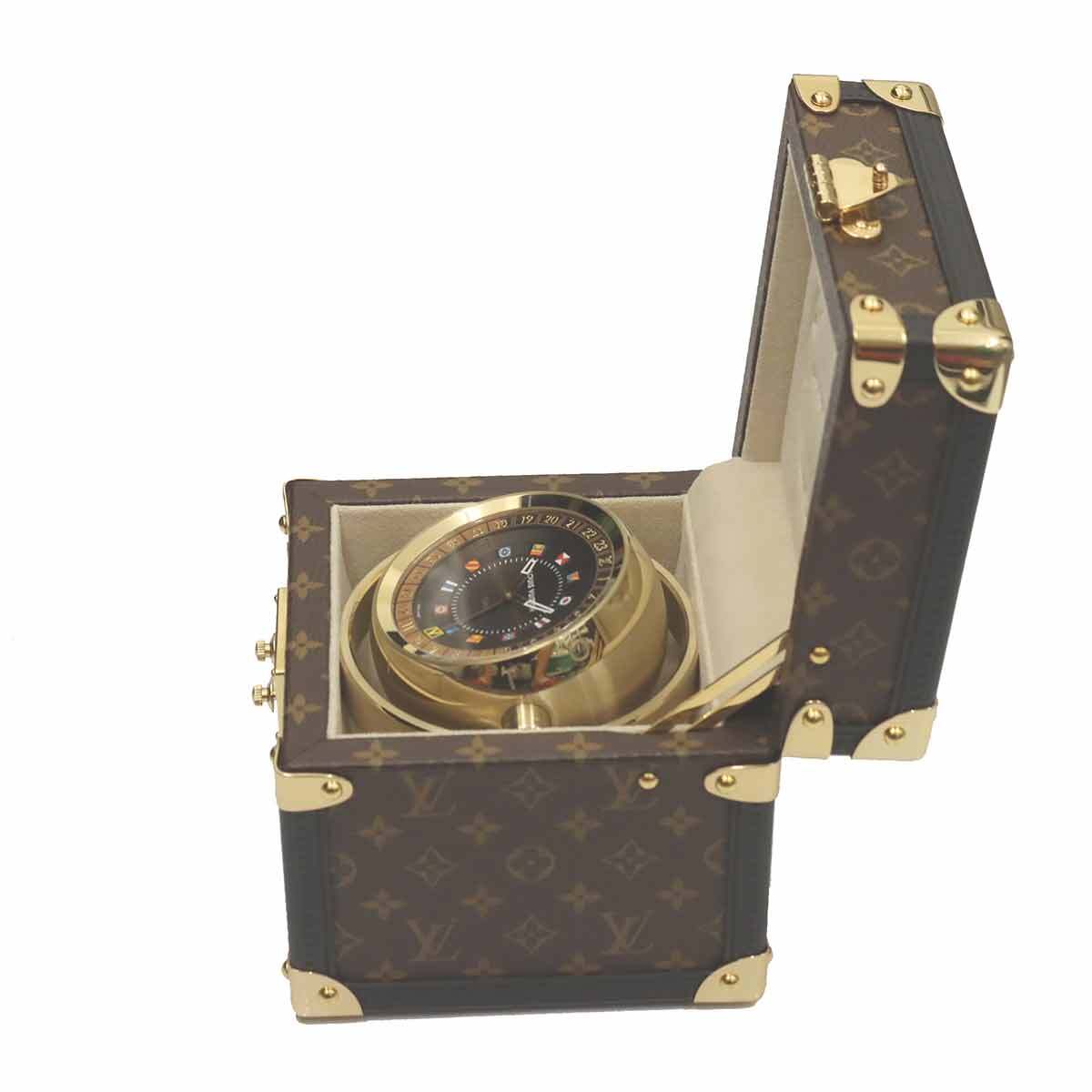 Louis Vuitton Tambour Dual Time Table Clock Trunk Q1Q040, Monogram Canvas, Spherical GMT Quartz Dial