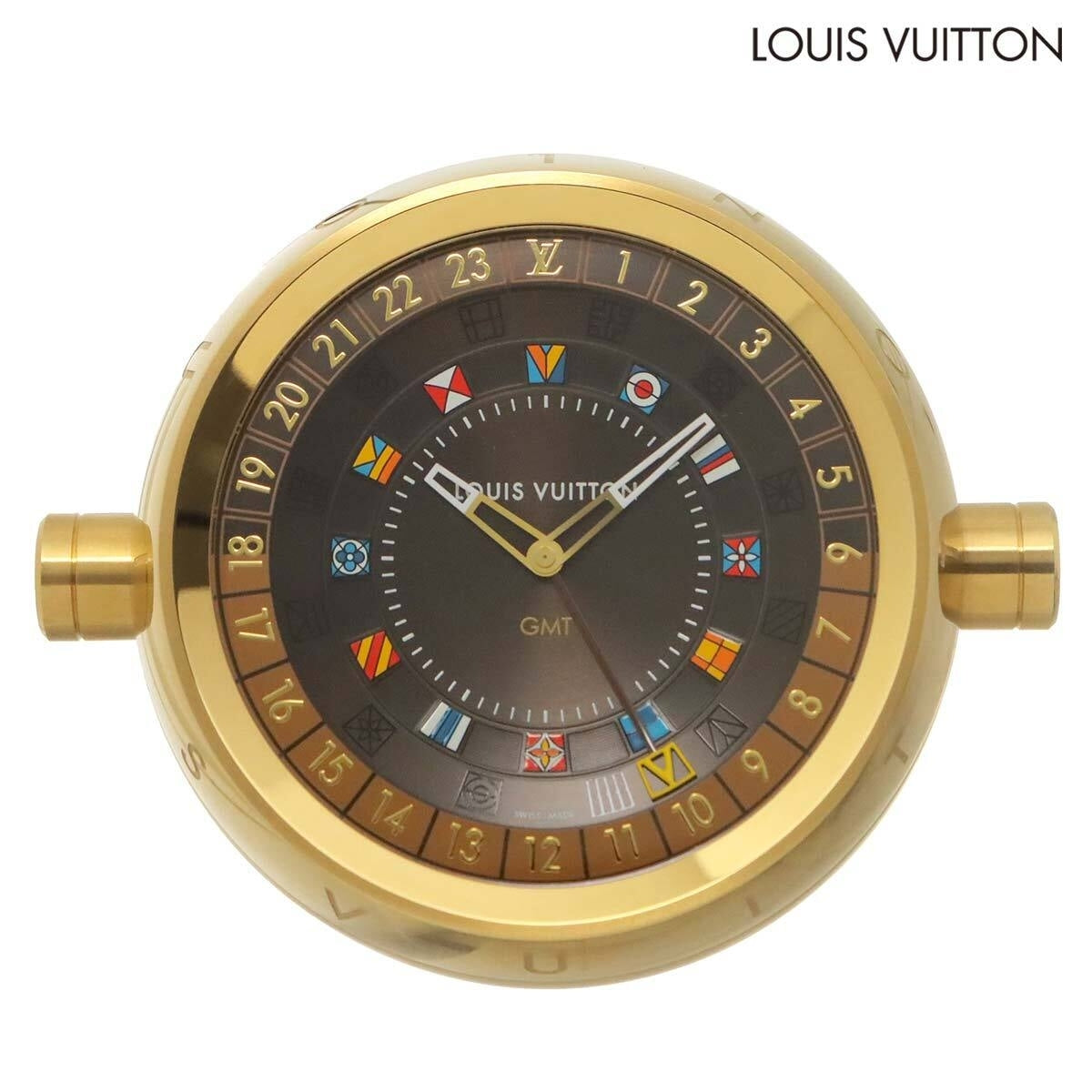 Louis Vuitton Tambour Dual Time Table Clock Trunk Q1Q040, Monogram Canvas, Spherical GMT Quartz Dial