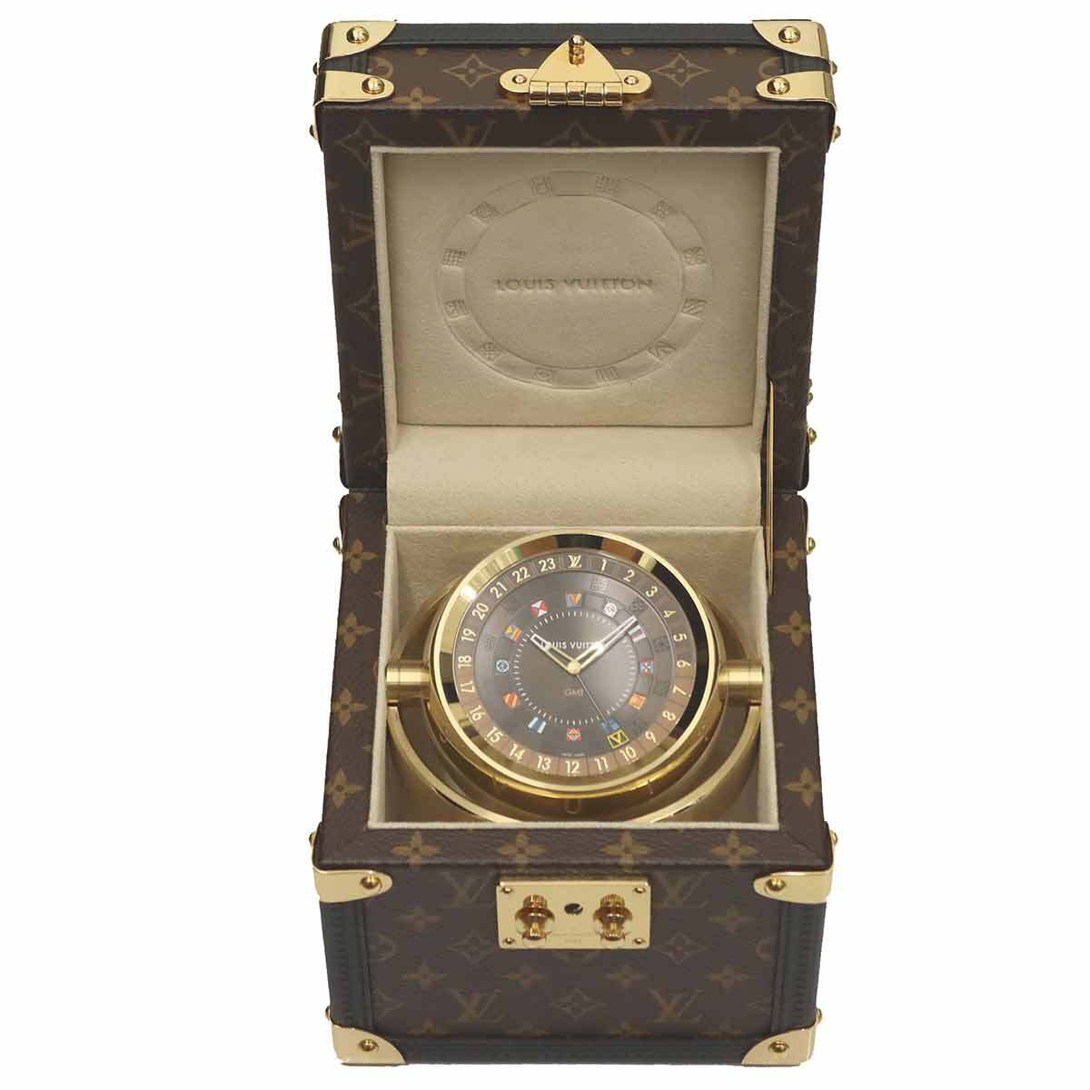 Louis Vuitton Tambour Dual Time Table Clock Trunk Q1Q040, Monogram Canvas, Spherical GMT Quartz Dial
