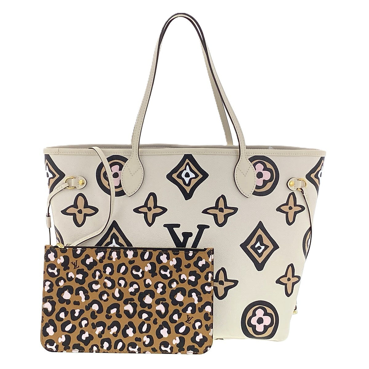 Louis Vuitton Wild at Heart Neverfull MM M45819 Cream Monogram Leopard Tote Bag with Pouch