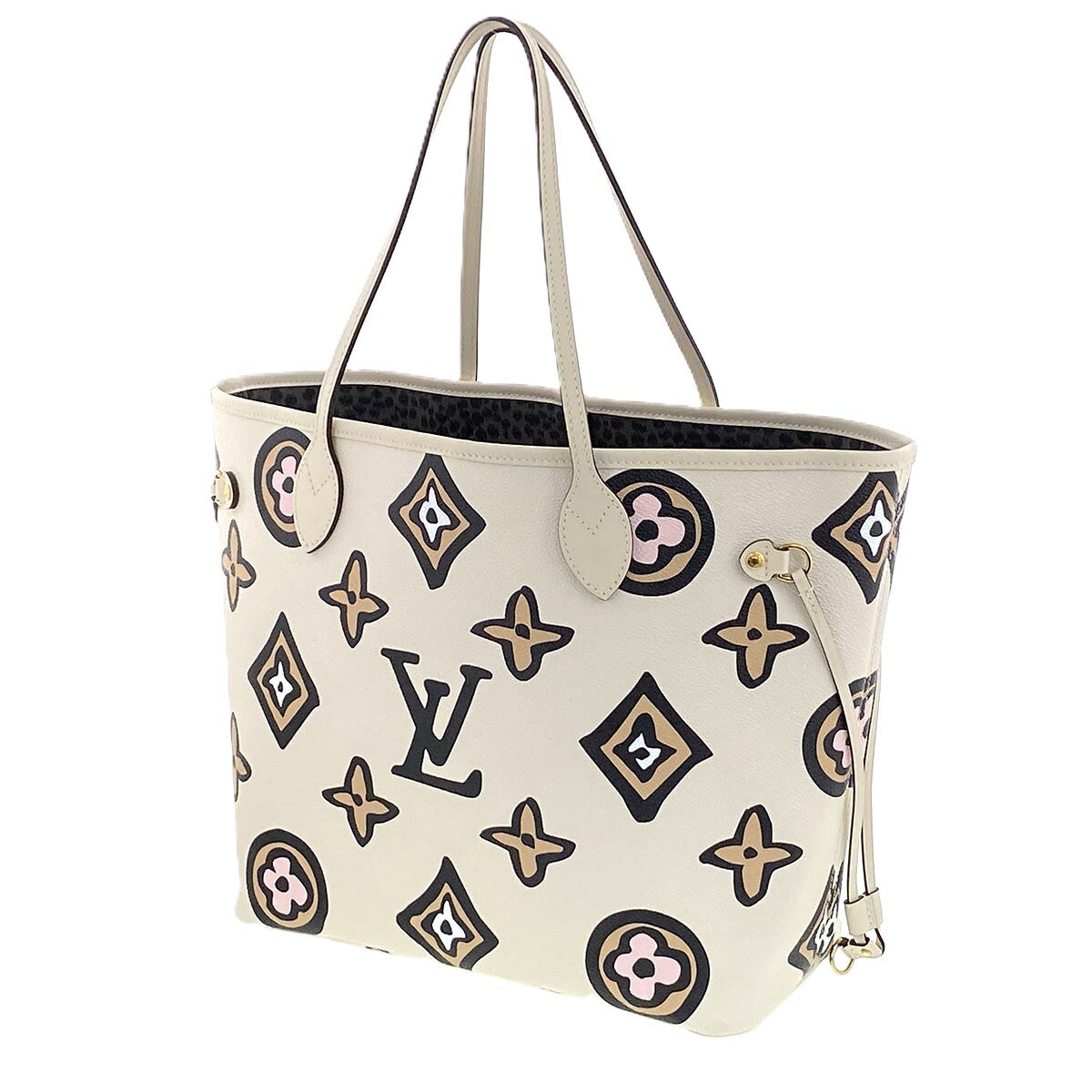 Louis Vuitton Wild at Heart Neverfull MM M45819 Cream Monogram Leopard Tote Bag with Pouch