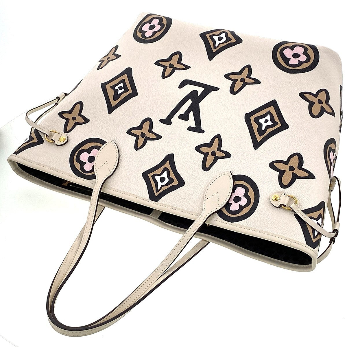 Louis Vuitton Wild at Heart Neverfull MM M45819 Cream Monogram Leopard Tote Bag with Pouch