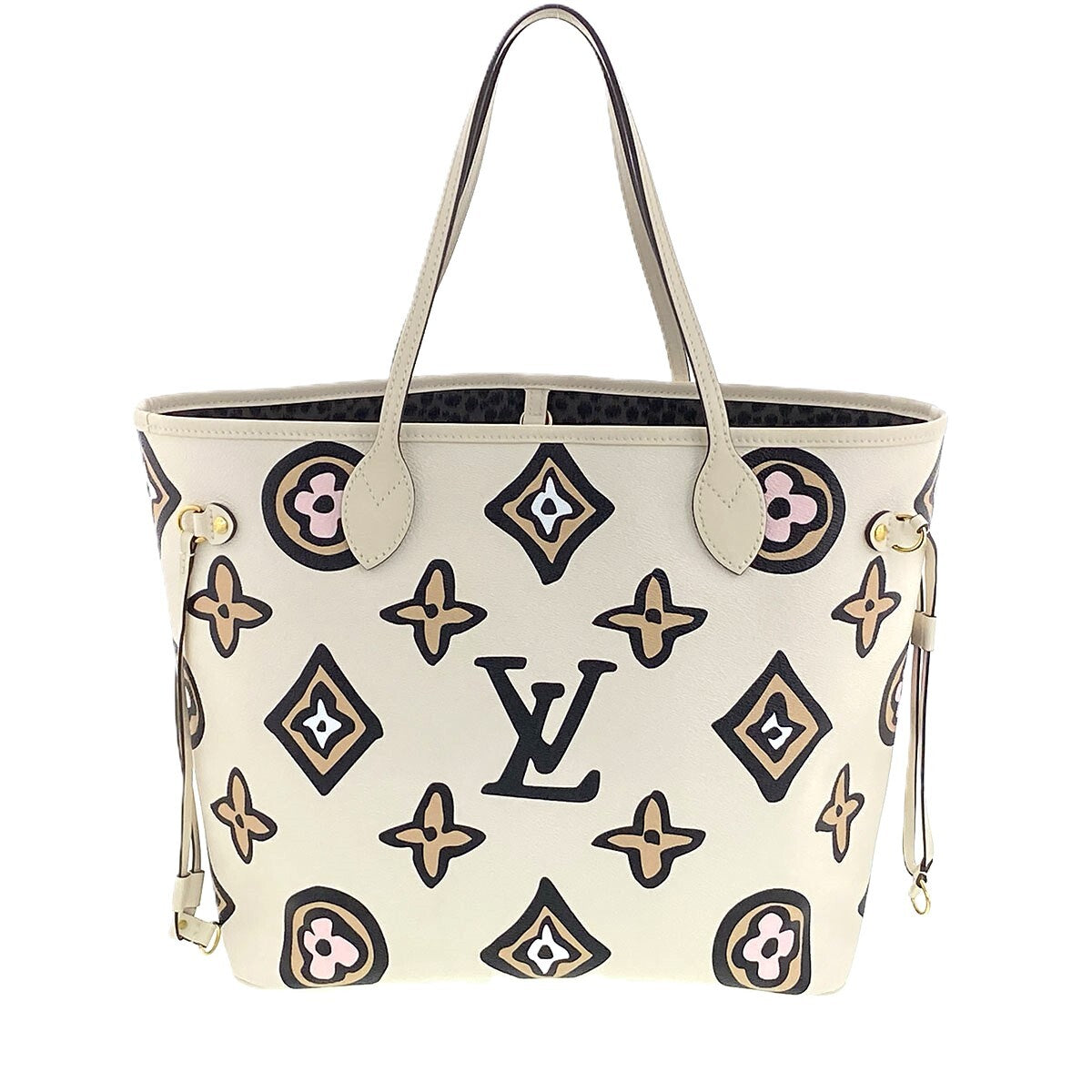 Louis Vuitton Wild at Heart Neverfull MM M45819 Cream Monogram Leopard Tote Bag with Pouch