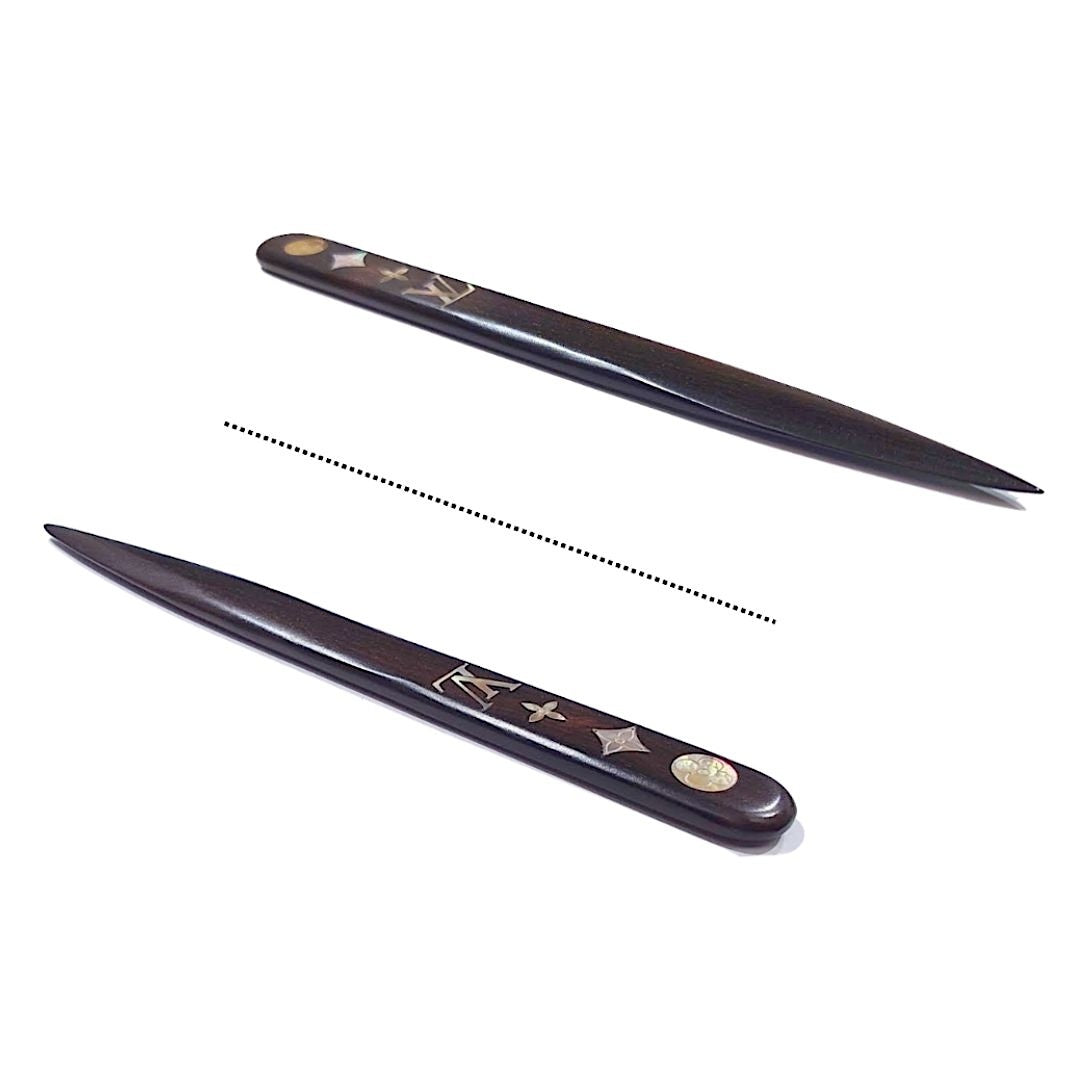 Louis Vuitton Wooden Paper Knife with Shell Monogram Inlay, Dark Brown Letter Opener in Fitted Box
