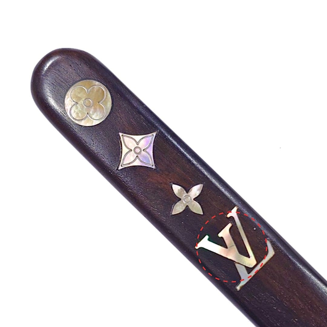 Louis Vuitton Wooden Paper Knife with Shell Monogram Inlay, Dark Brown Letter Opener in Fitted Box