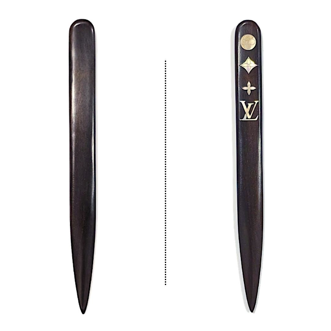 Louis Vuitton Wooden Paper Knife with Shell Monogram Inlay, Dark Brown Letter Opener in Fitted Box