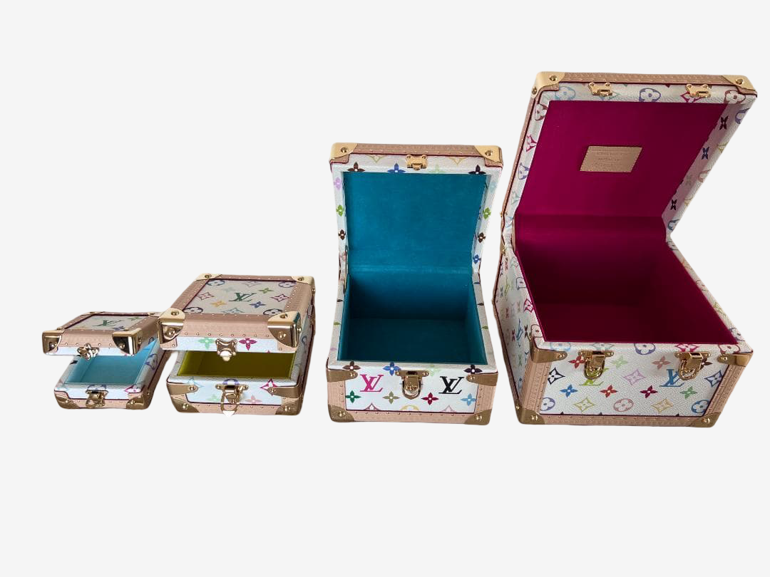 Louis Vuitton x Takashi Murakami Monogram Multicolor Pyramid Trunk Set Rare Nested Collector Hard Case Sculpture Full Set