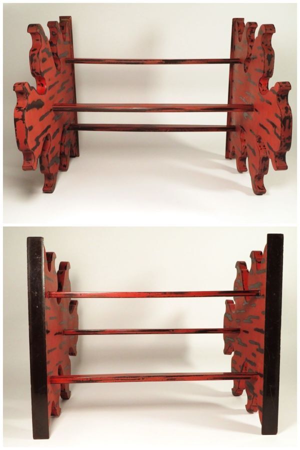 Antique Japanese Negoro Lacquer Sword Stand Katana Kake Meiji Period Samurai Display