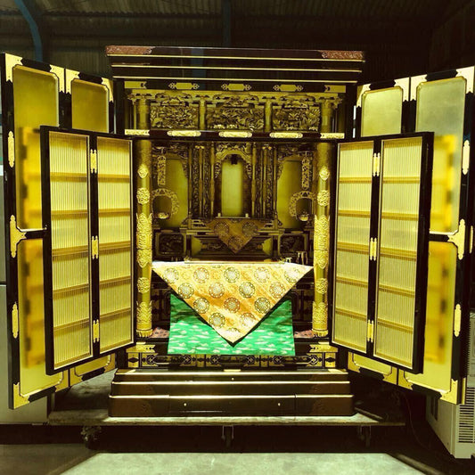 Monumental Nishihonganji-Style Gold Butsudan (40-Go) — Three-Way Opening Guden — Lacquer & Gold Powder — W124×D78×H176 cm