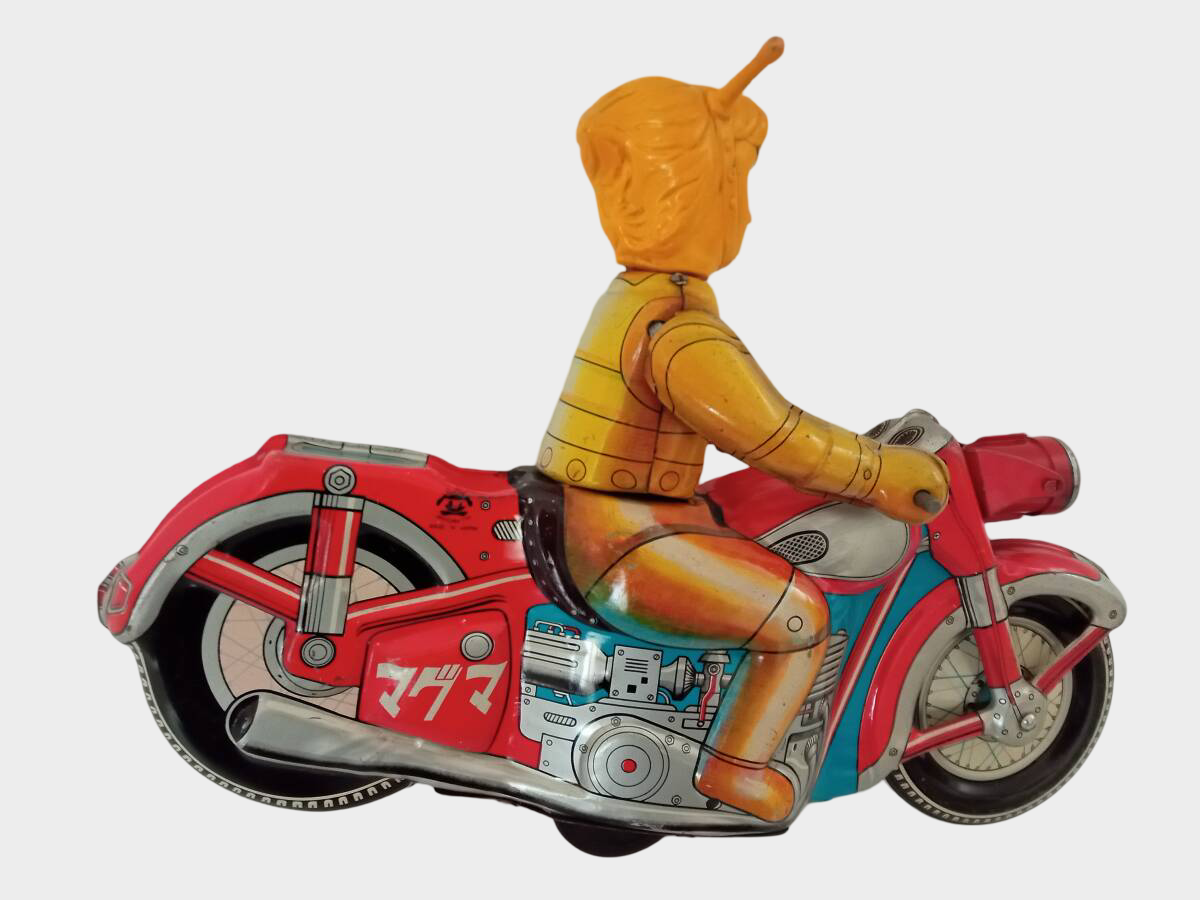 Maguma Taishi Tinplate Motorcycle — Large Wind-Up Hero Toy, Shōwa Japan Asakusa Toys