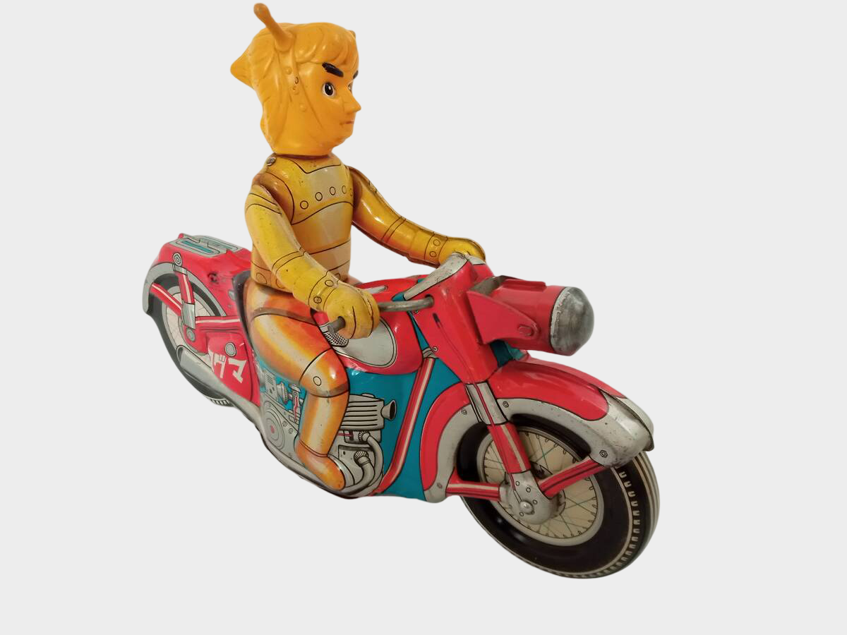 Maguma Taishi Tinplate Motorcycle — Large Wind-Up Hero Toy, Shōwa Japan Asakusa Toys