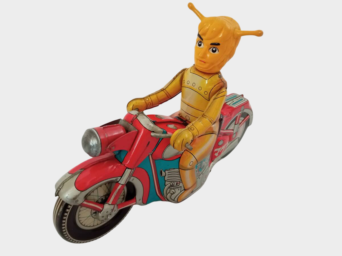 Maguma Taishi Tinplate Motorcycle — Large Wind-Up Hero Toy, Shōwa Japan Asakusa Toys