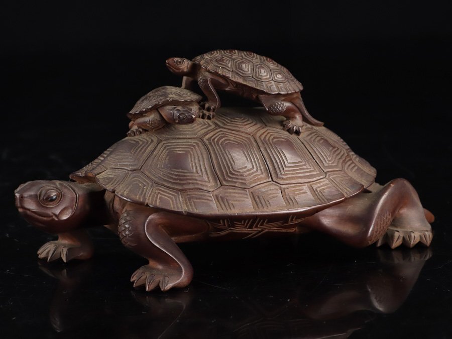 Master Japanese Wood-Carved Longevity Turtle with Rider — Mid-Century Sculptural Work — Period Storage Box Included