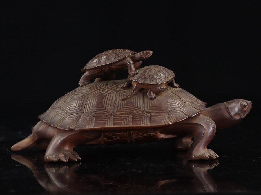 Master Japanese Wood-Carved Longevity Turtle with Rider — Mid-Century Sculptural Work — Period Storage Box Included