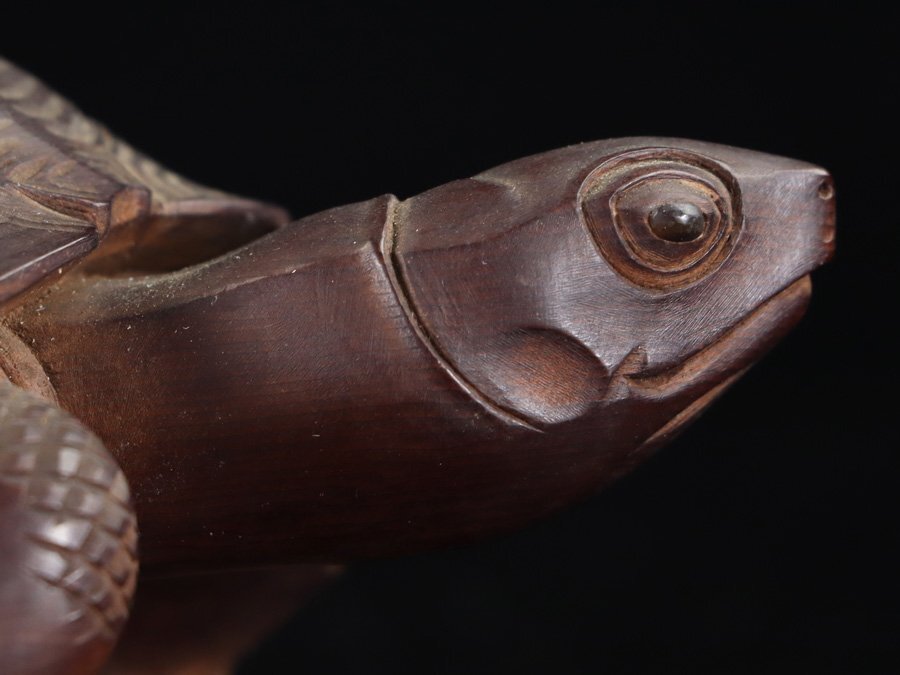 Master Japanese Wood-Carved Longevity Turtle with Rider — Mid-Century Sculptural Work — Period Storage Box Included